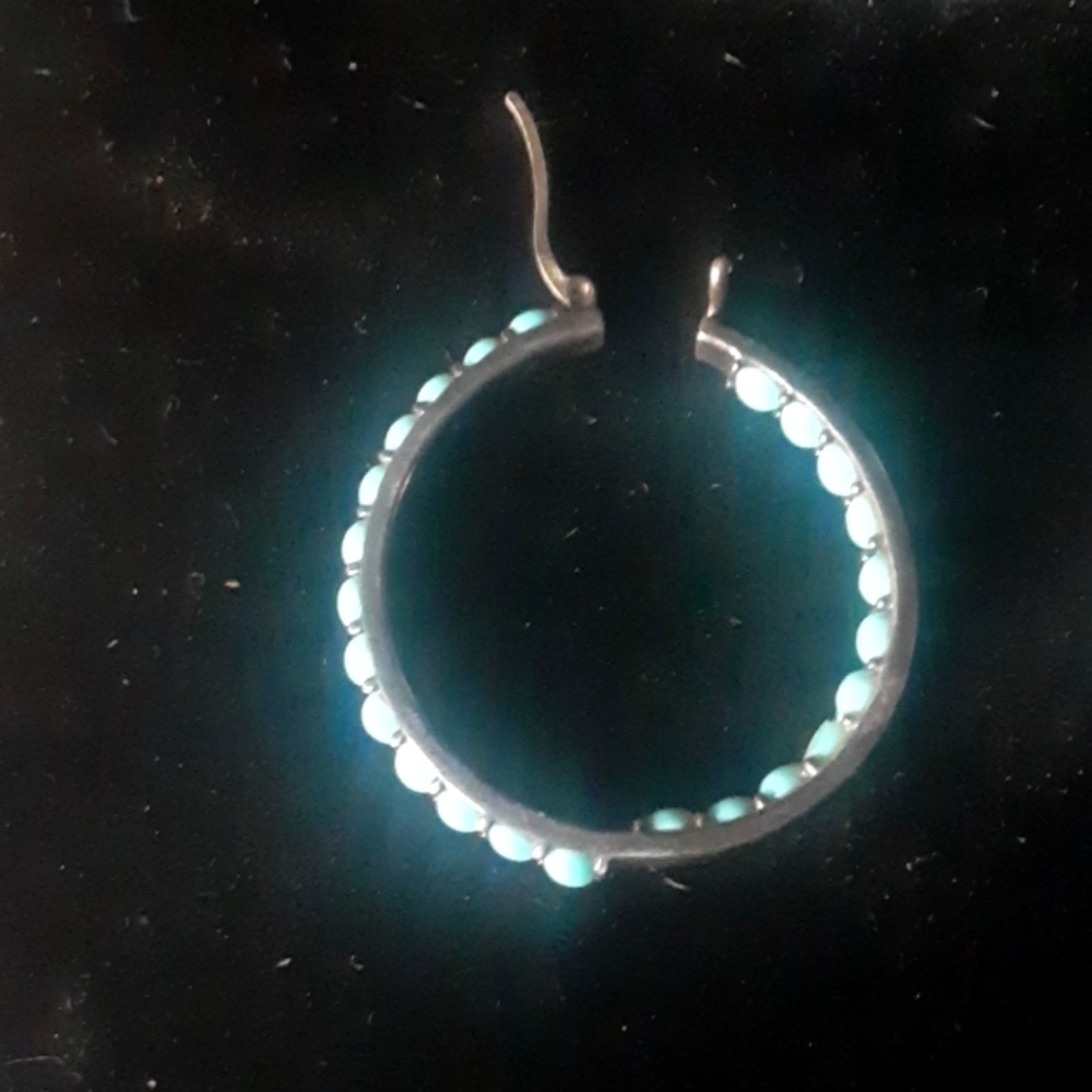 Stylish Silver Hoop Earrings with Turquoise Highlights sx925 Thailand - Picture 2 of 6